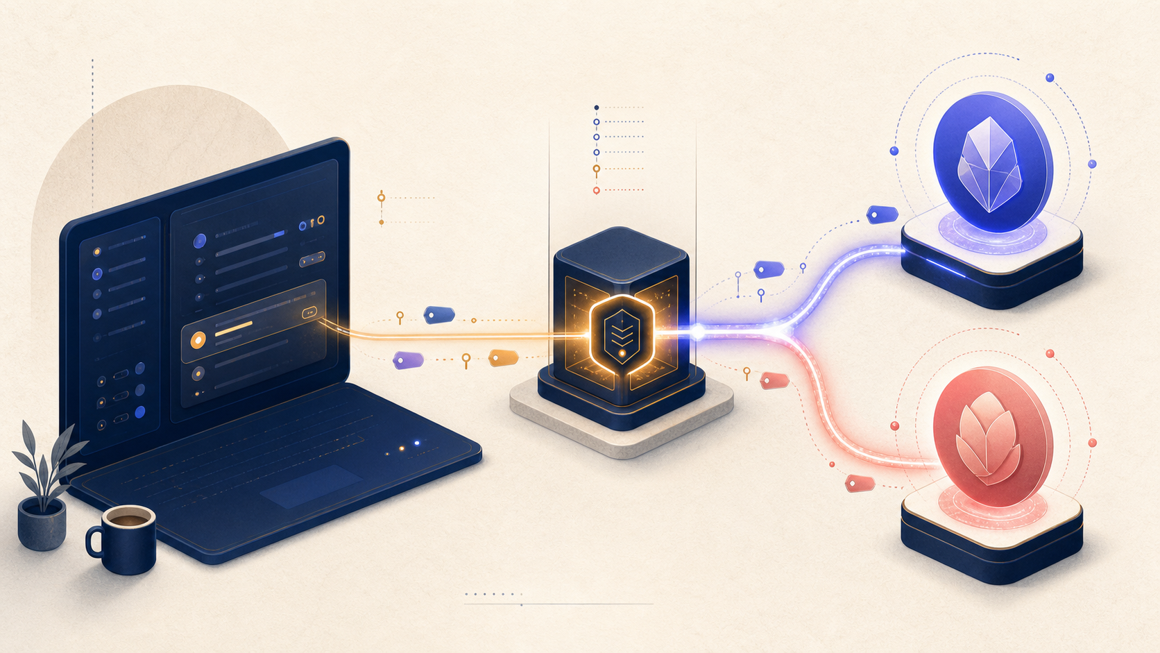 An abstract laptop sends a glowing message through a self-hosted relay, which routes it to two distinct blue and coral agent identities.