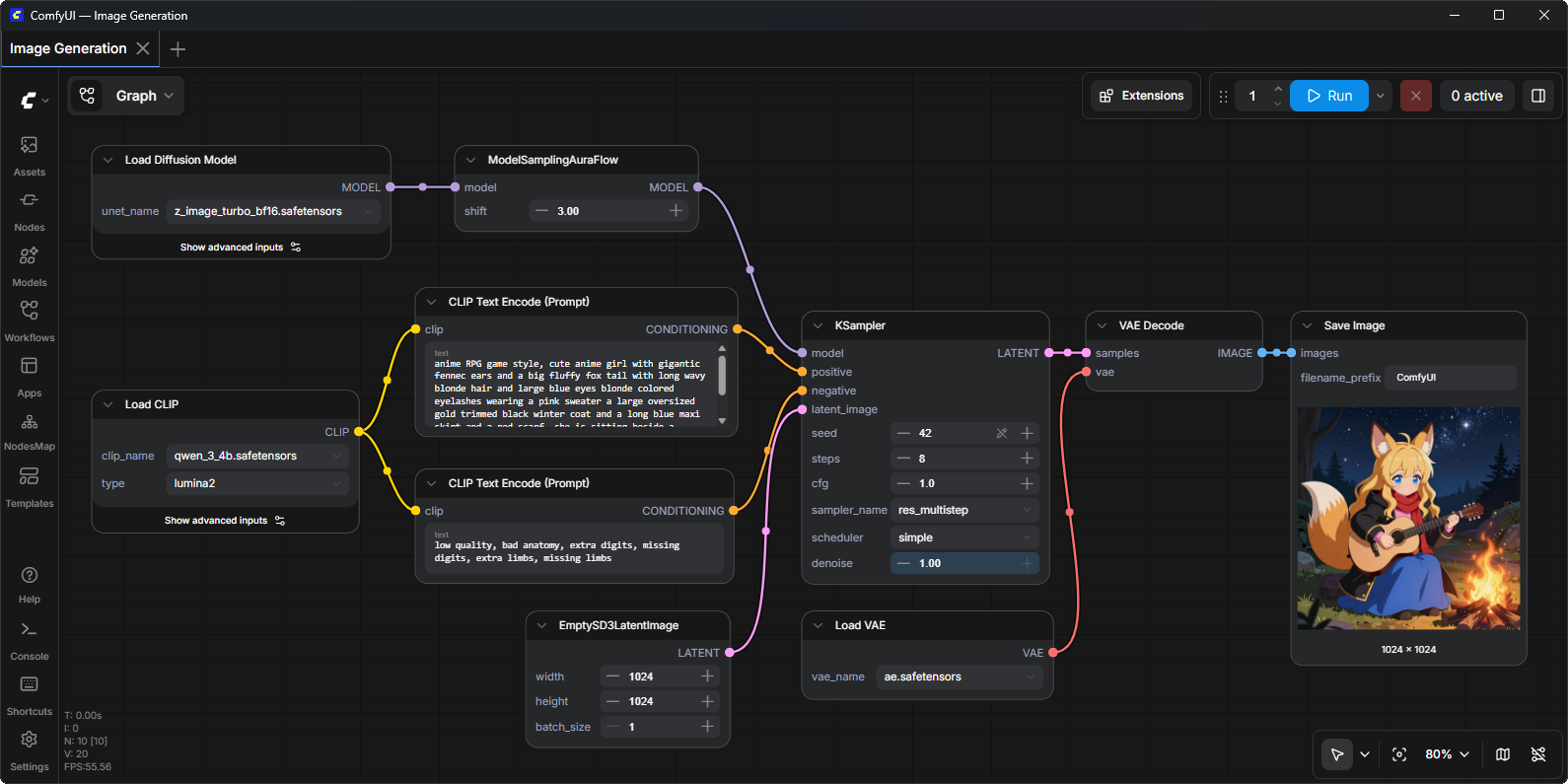 ComfyUI interface showing a node graph that connects model, text-encoding, sampler, VAE decode, and save-image nodes to produce an illustrated character.