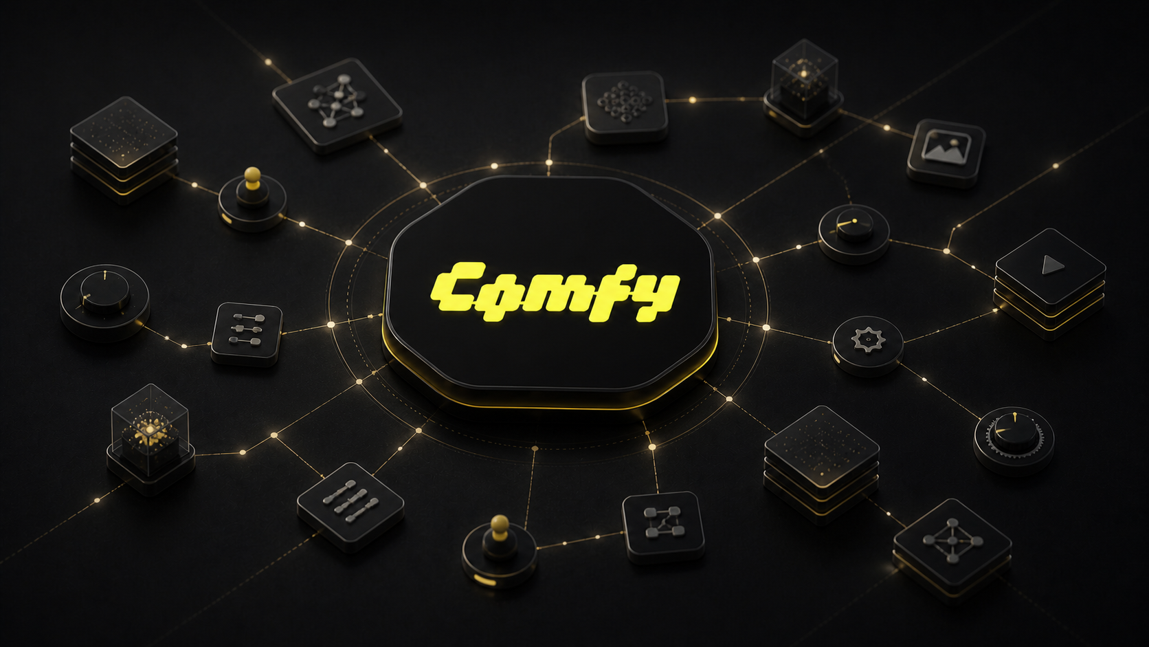 Comfy spotlight cover showing the yellow Comfy logo at the center of a dark network of connected generative-media workflow nodes.