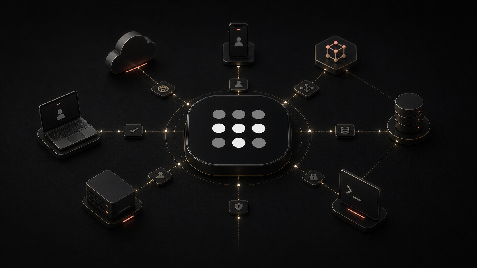 Dark dimensional Tailscale spotlight illustration with the nine-dot logo at the center of a private mesh connecting a laptop, phone, agent host, cloud service, database, and terminal.