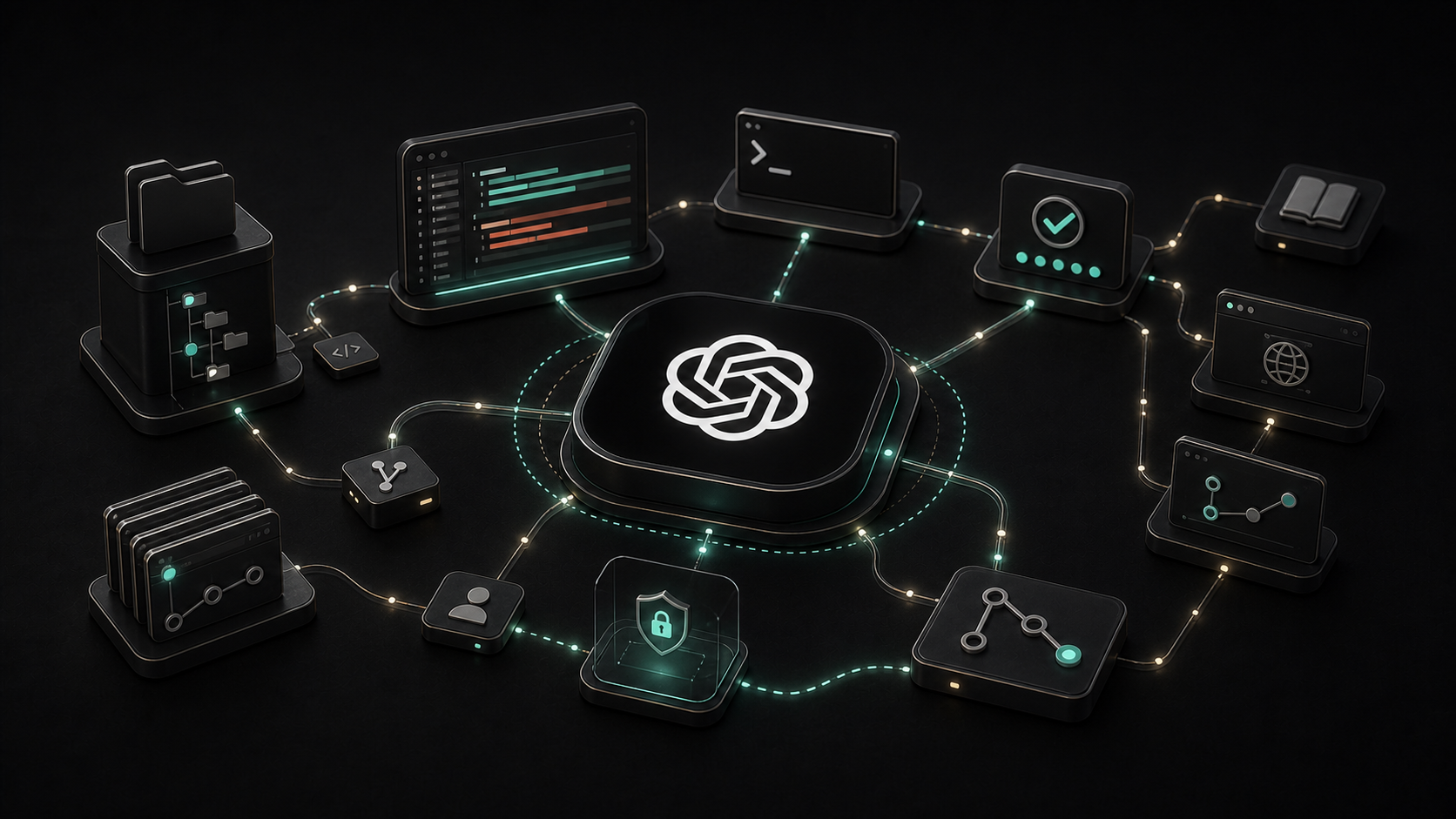 Dark dimensional Codex workbench connecting a repository, code editor, terminal, tests, browser preview, documentation, version control, and a guarded sandbox around the OpenAI mark.