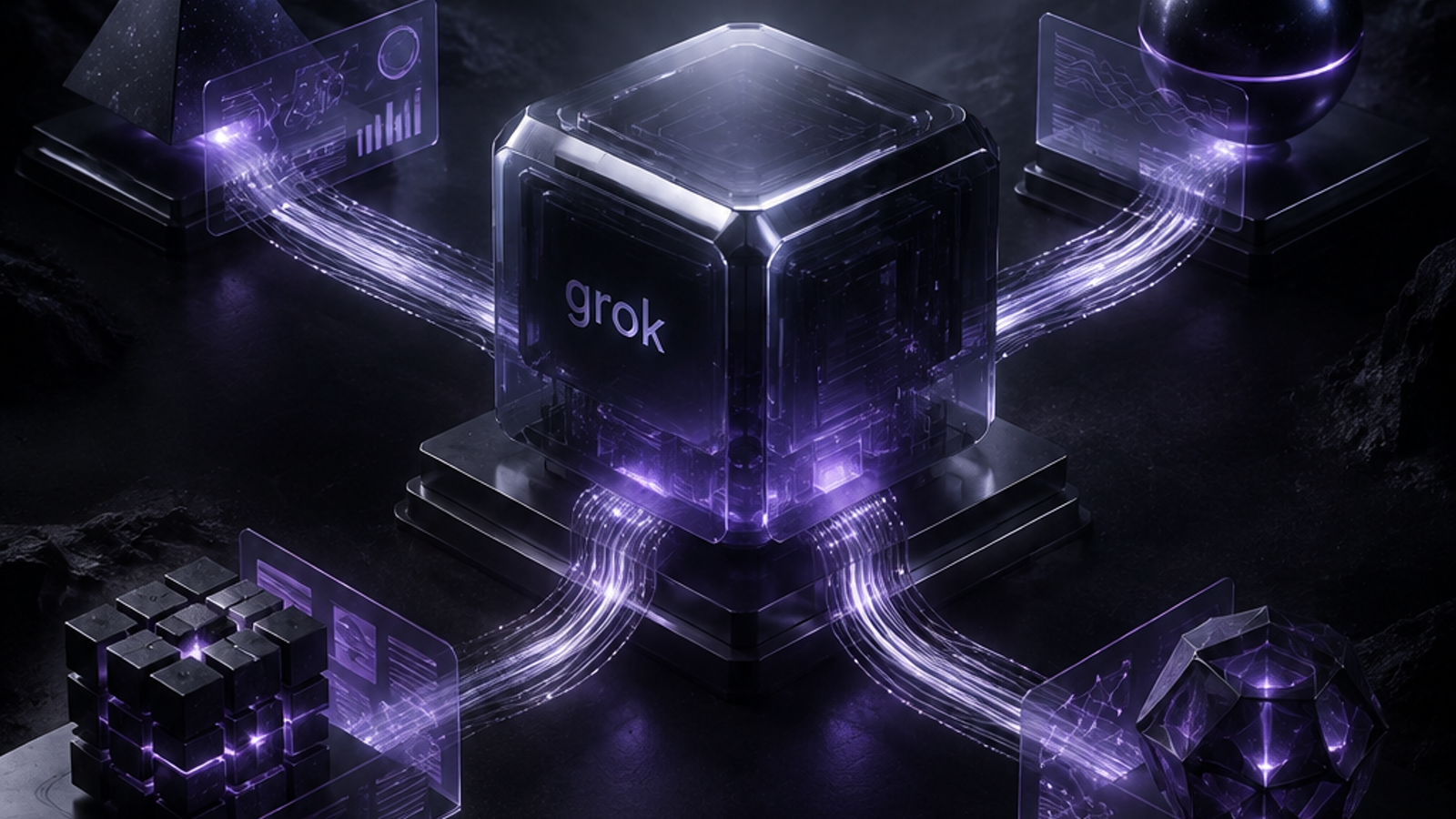 Dark cinematic editorial scene showing four distinct AI workspaces connected by violet light to one central shared cloud computer marked Grok.