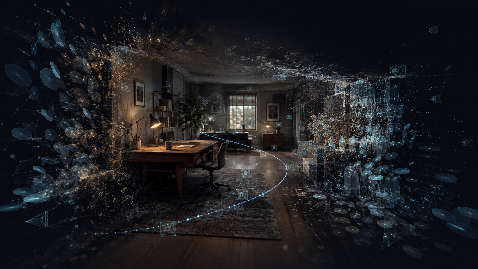A warm editorial scene showing overlapping photographs transforming into a navigable three-dimensional room made of glowing points and translucent Gaussian splats.