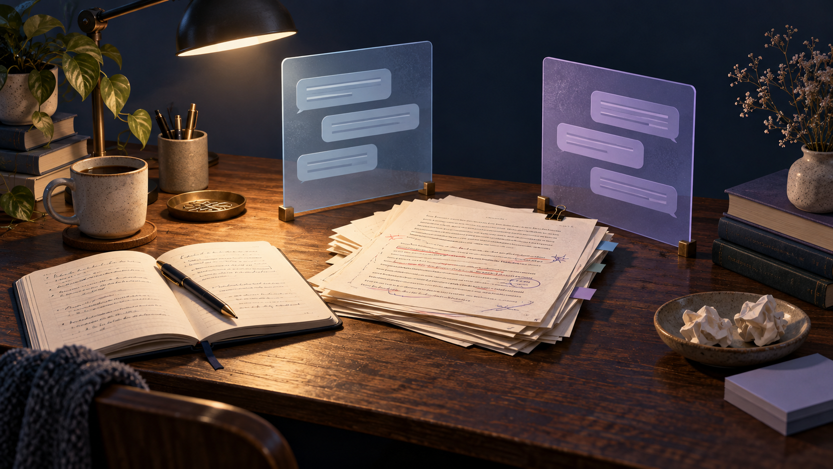 A warmly lit editorial desk with a notebook, marked-up article drafts, and blue and lavender conversation panels representing two AI collaborators.
