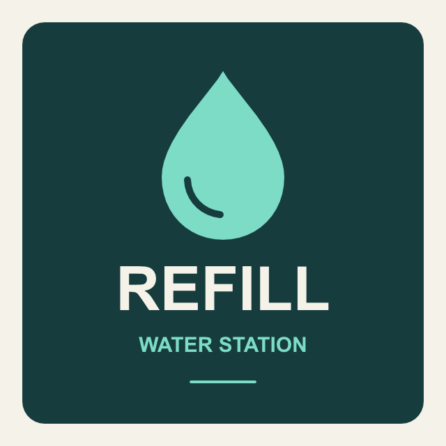 Finished refill-station graphic: a mint water droplet above REFILL and WATER STATION on a dark-teal rounded panel with a cream border.