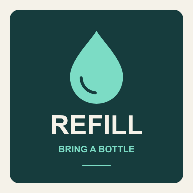 Agent-tool variation of the refill sign, retaining the mint droplet and REFILL headline while changing the supporting line to BRING A BOTTLE.