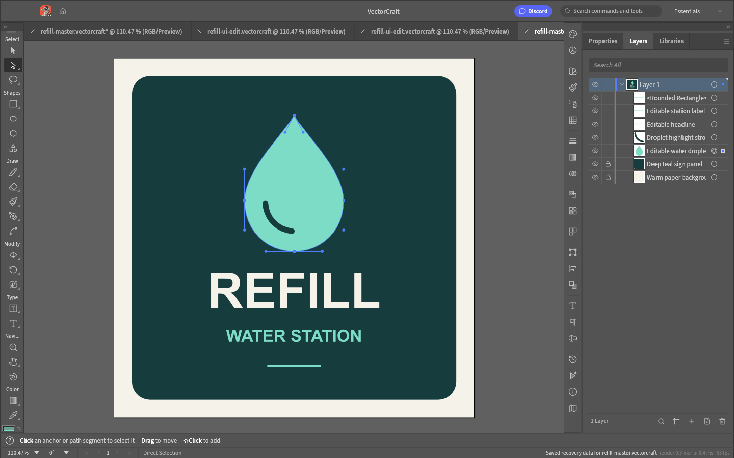 VectorCraft desktop with the refill sign’s droplet path selected and separate shapes and text visible in the Layers panel.