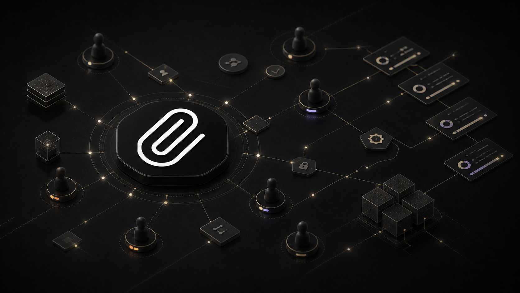 Paperclip Spotlight cover showing the Paperclip logo at the center of a dark network of AI agent roles, tasks, approvals, budgets, and project nodes.